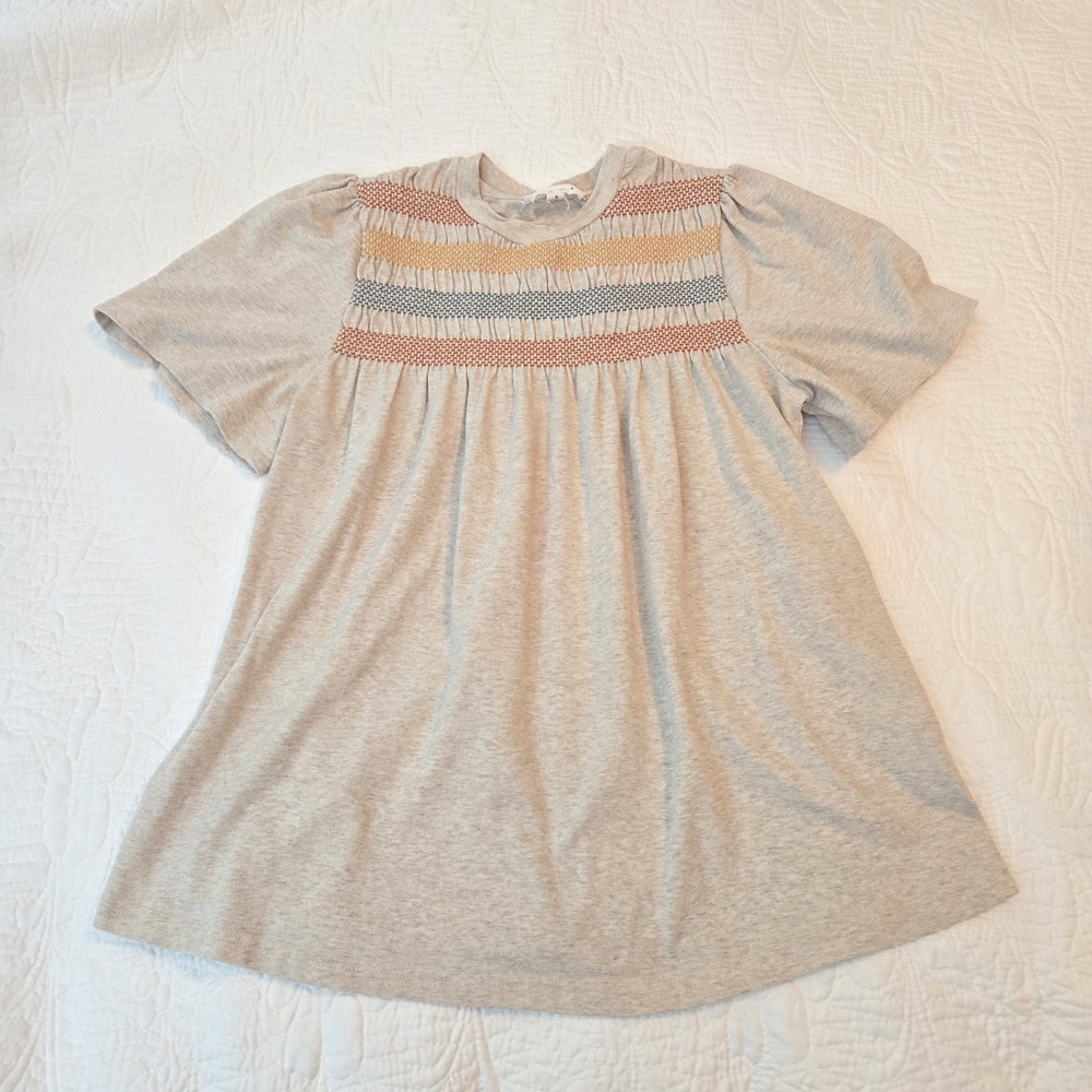 THML Smocked Baby Doll Top Jersey Puff Sleeve Oatmeal Cottagecore Small